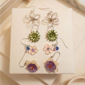 Lot of 4 Flower Dangle Drop Earrings Rose Gold Tone Green Pink Purple Floral